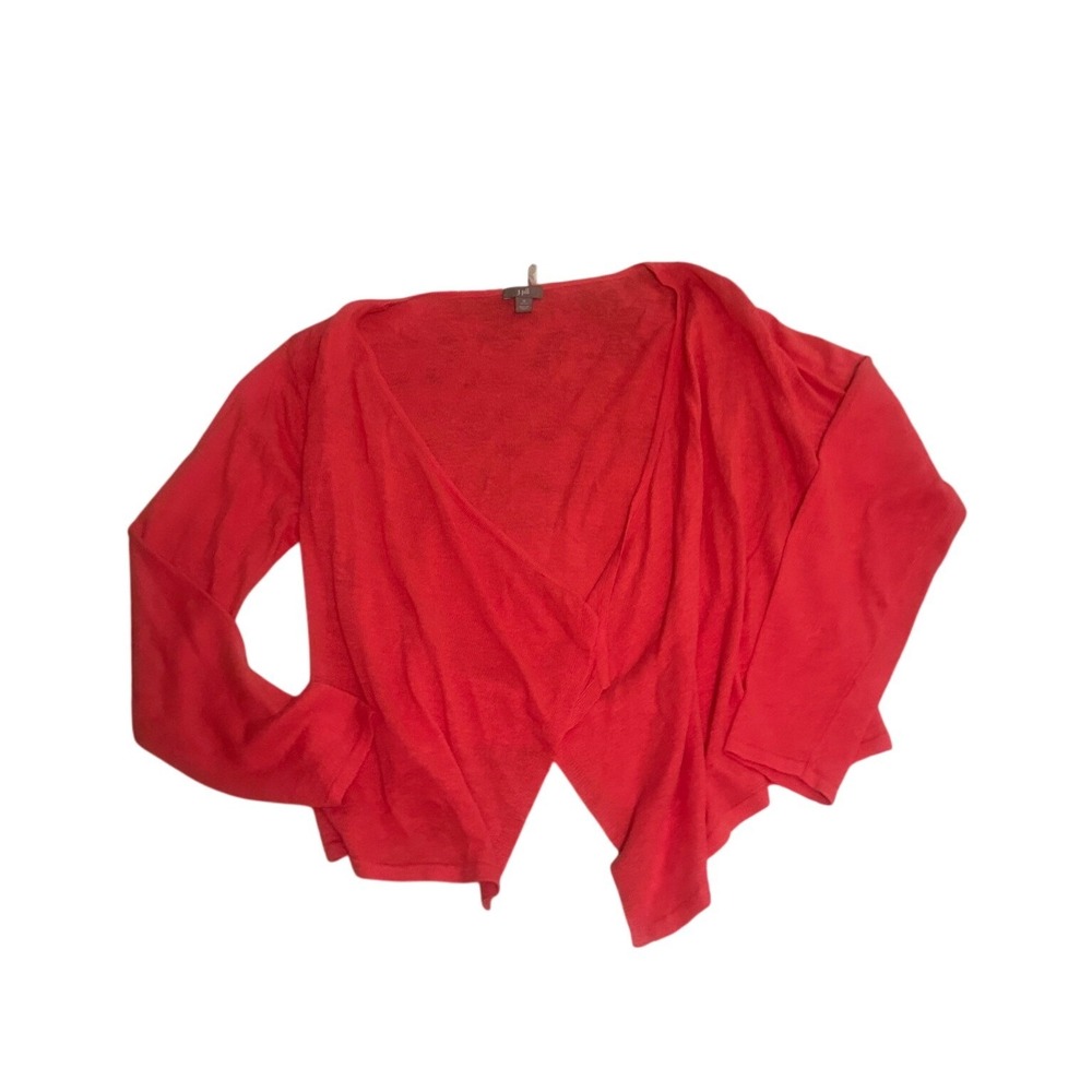 J. Jill Coral Red Linen Blend Draped Open Front Cropped Cardigan Sweater MP